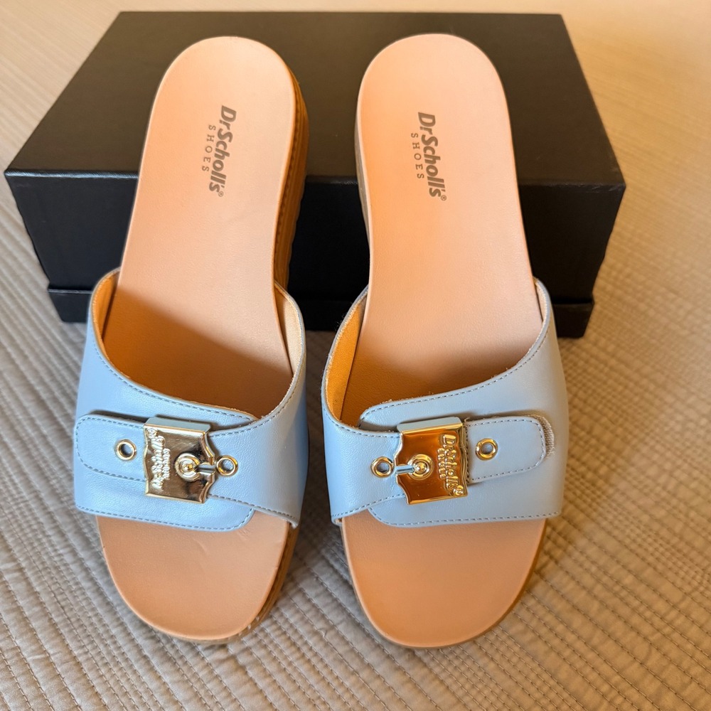 NEW Dr. Scholls Women's Island Icon Light Blue Slide Sandals Platform Wedge 8.5M - Picture 1 of 8